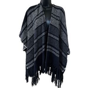 Aerie black and white striped fringed kimono poncho